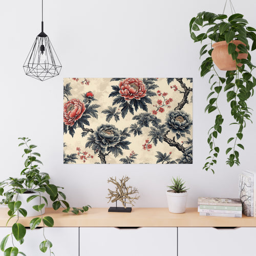 Affiche Florale Vintage – Pivoines Orientales Rose et Bleu - FlowR