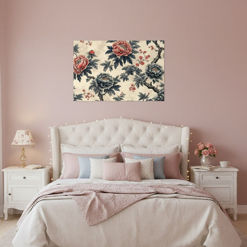 Affiche Florale Vintage – Pivoines Orientales Rose et Bleu - FlowR