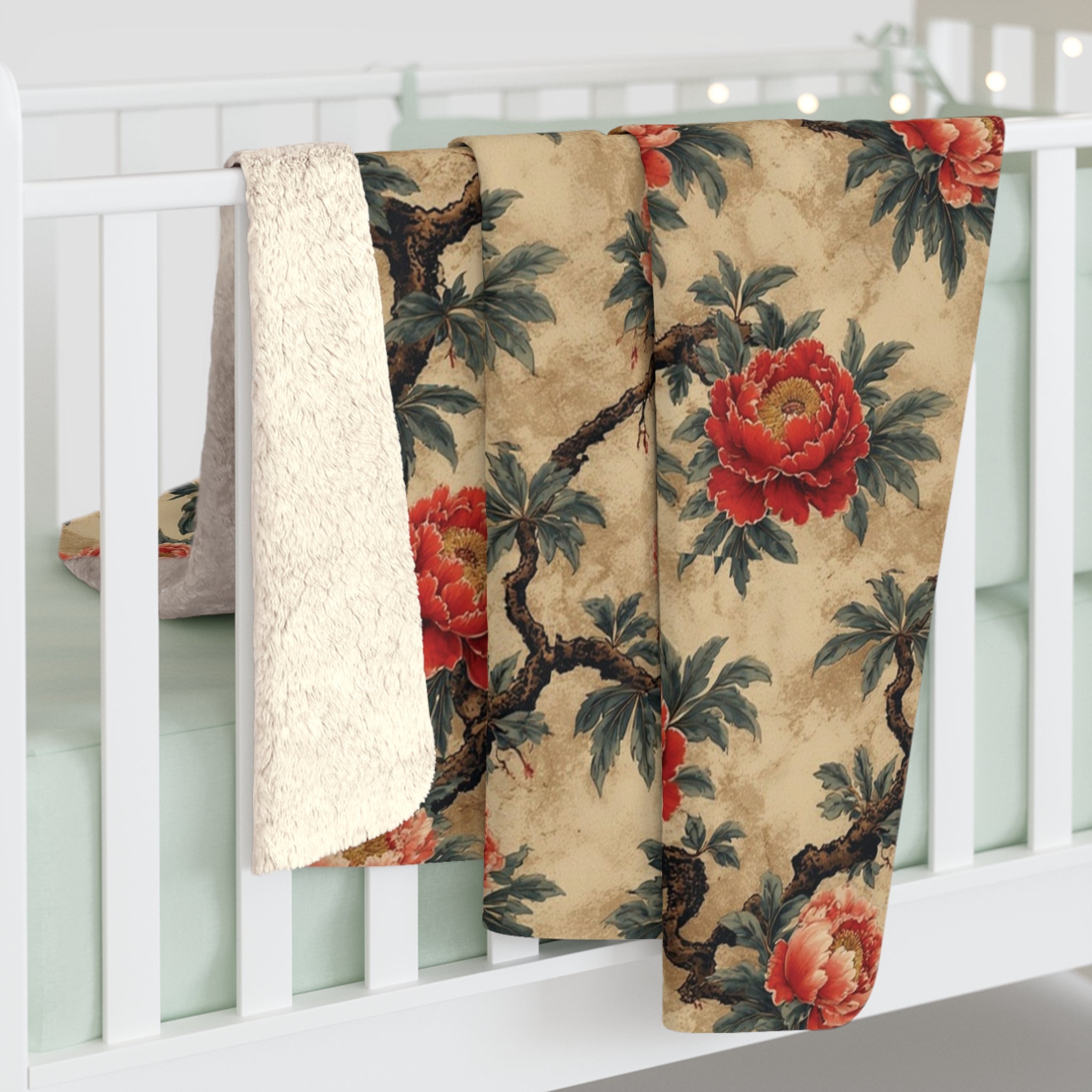 Plaid Sherpa - Pivoines Rouges fond Sépia - FlowR