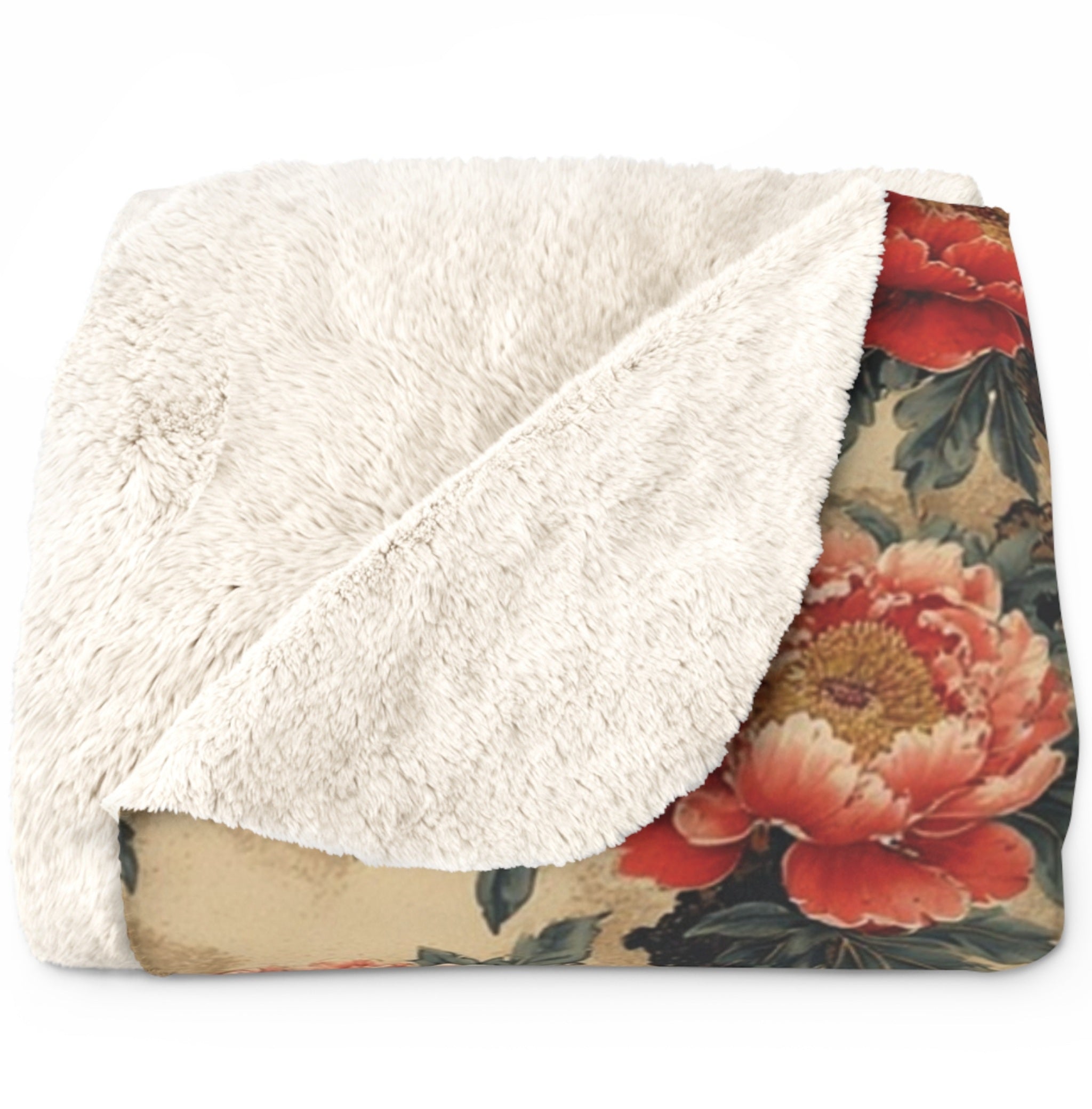 Plaid Sherpa - Pivoines Rouges fond Sépia - FlowR