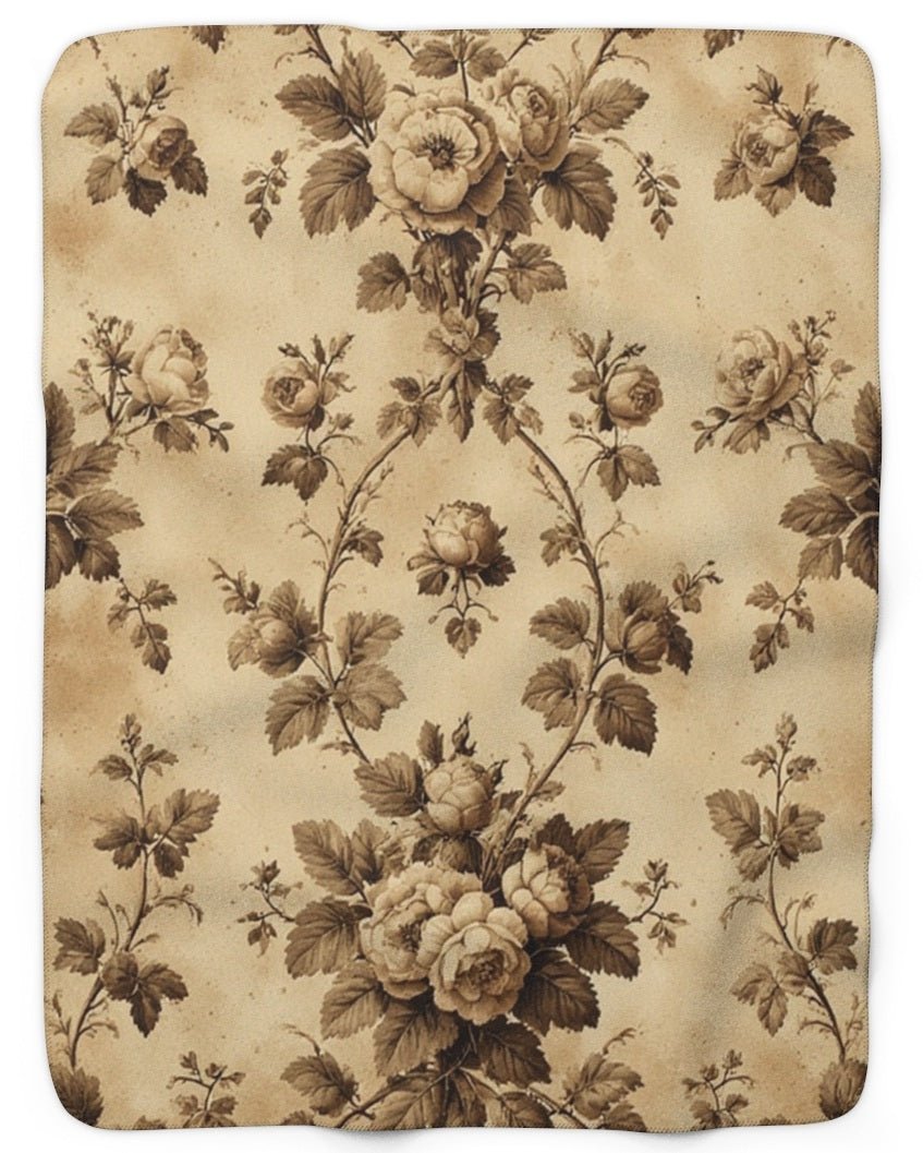 Plaid polaire Sherpa — Vintage motifs fleurs sepia patiné - FlowR