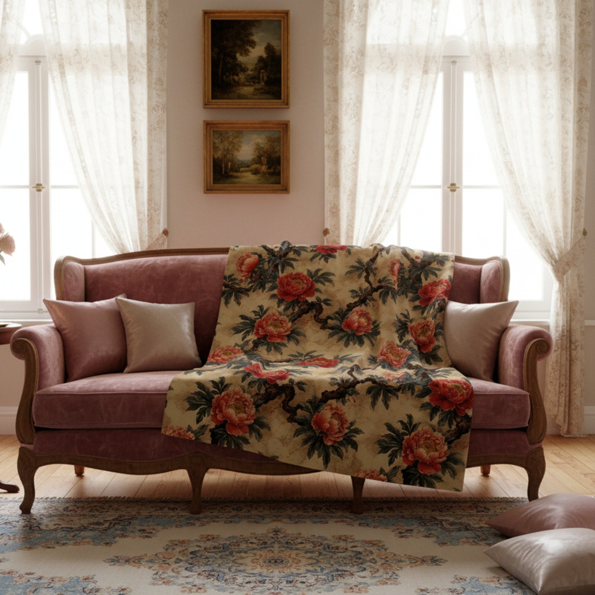 Plaid Sherpa - Pivoines Rouges fond Sépia - FlowR