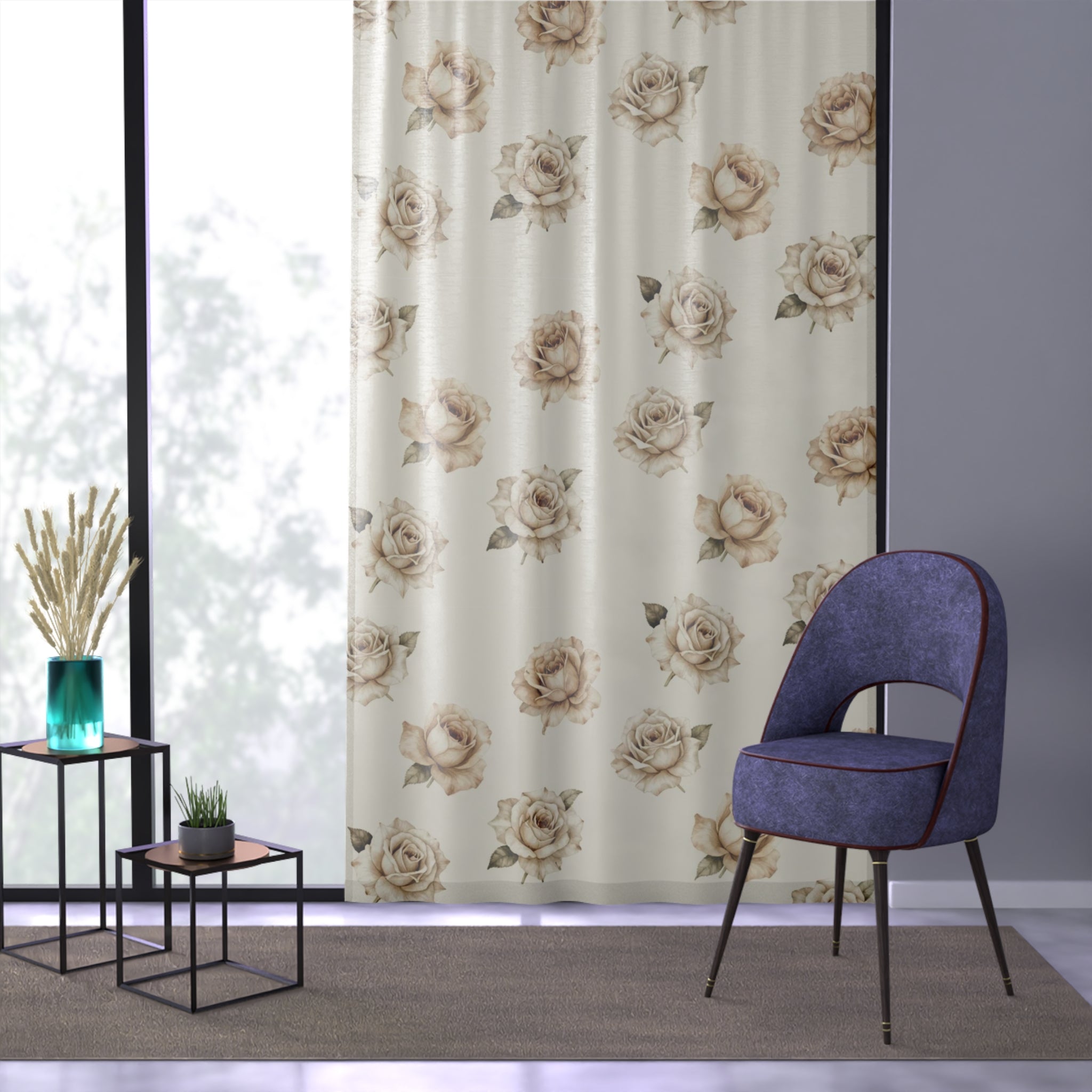 Rideau Floral Romantique – Roses vintage sepia en voile léger - FlowR