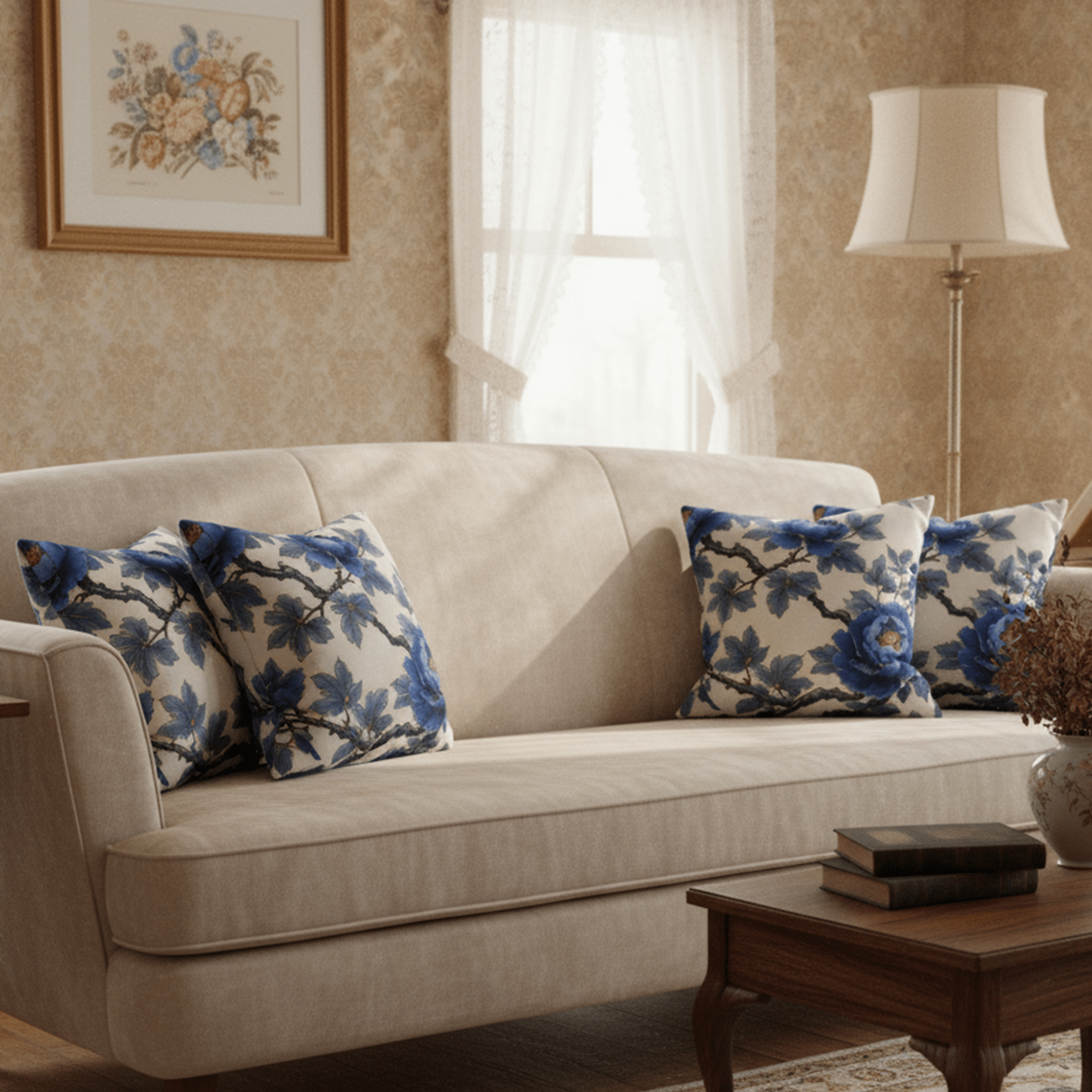 Housse de coussin décorative bleu – Motif fleurs vintage Pivoine - FlowR