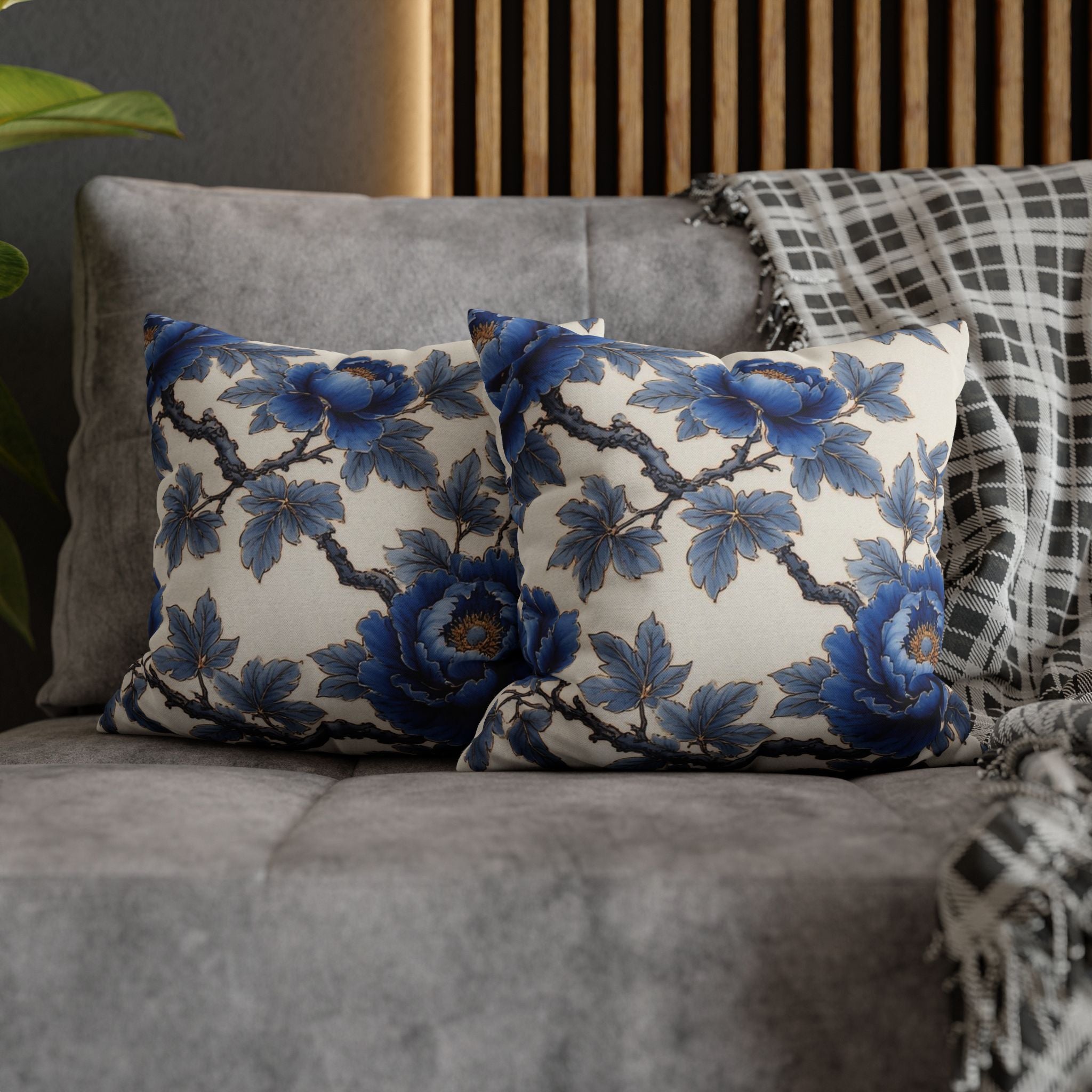 Housse de coussin décorative bleu – Motif fleurs vintage Pivoine - FlowR