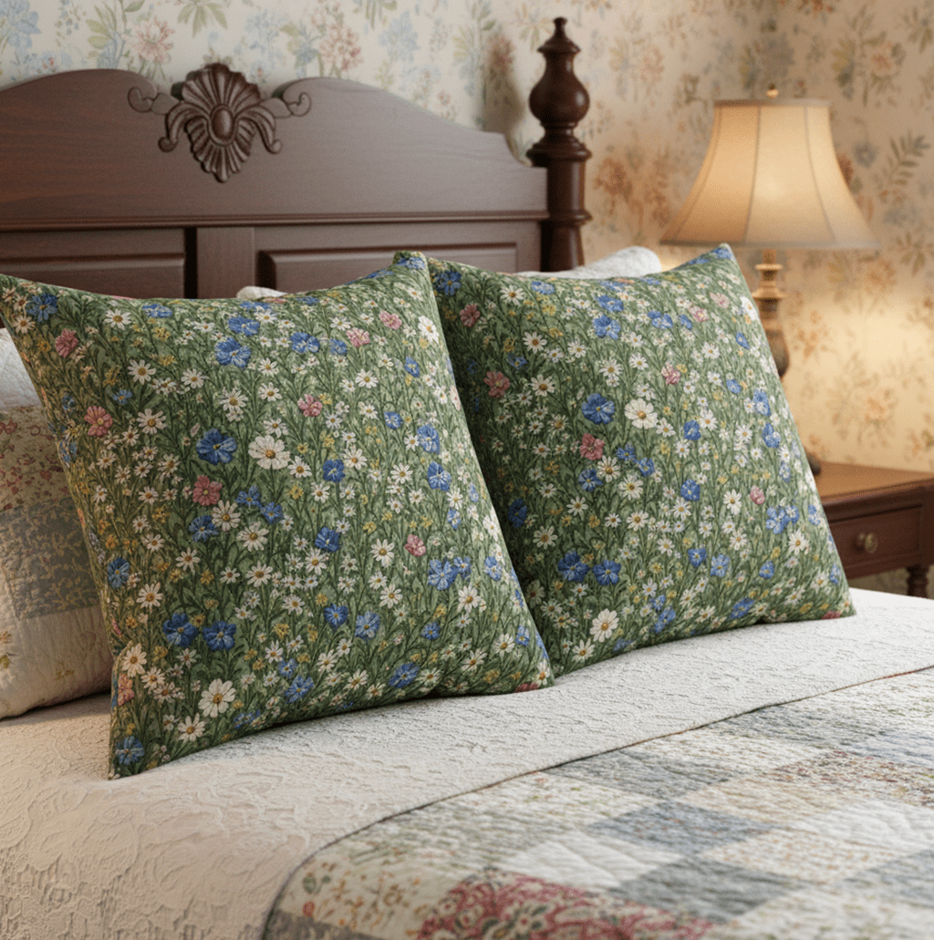 Oreiller décoratif chambre - millefleurs prairie fond vert - FlowR