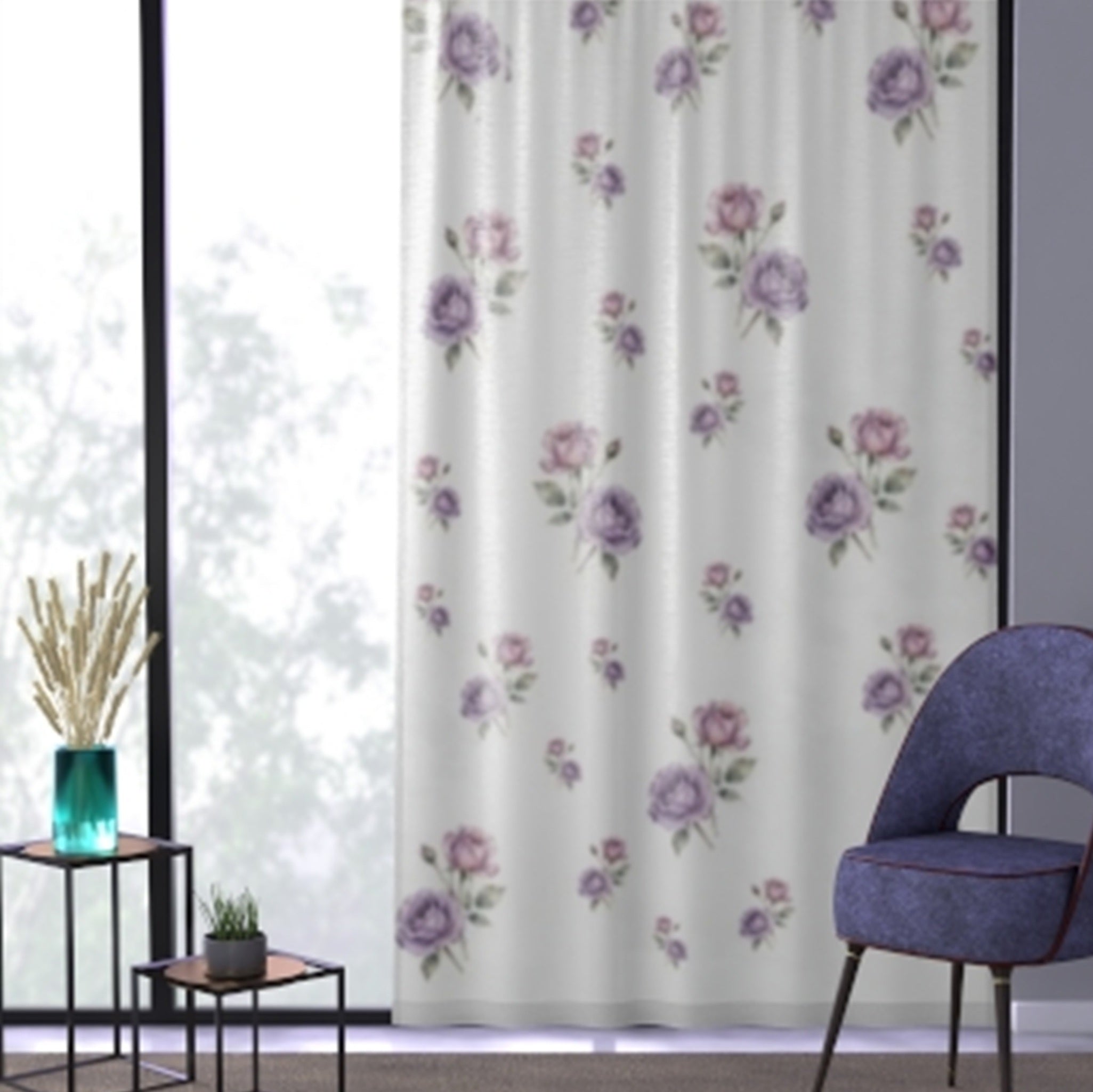 Rideau Floral Romantique – Roses Lavande en voile léger - FlowR