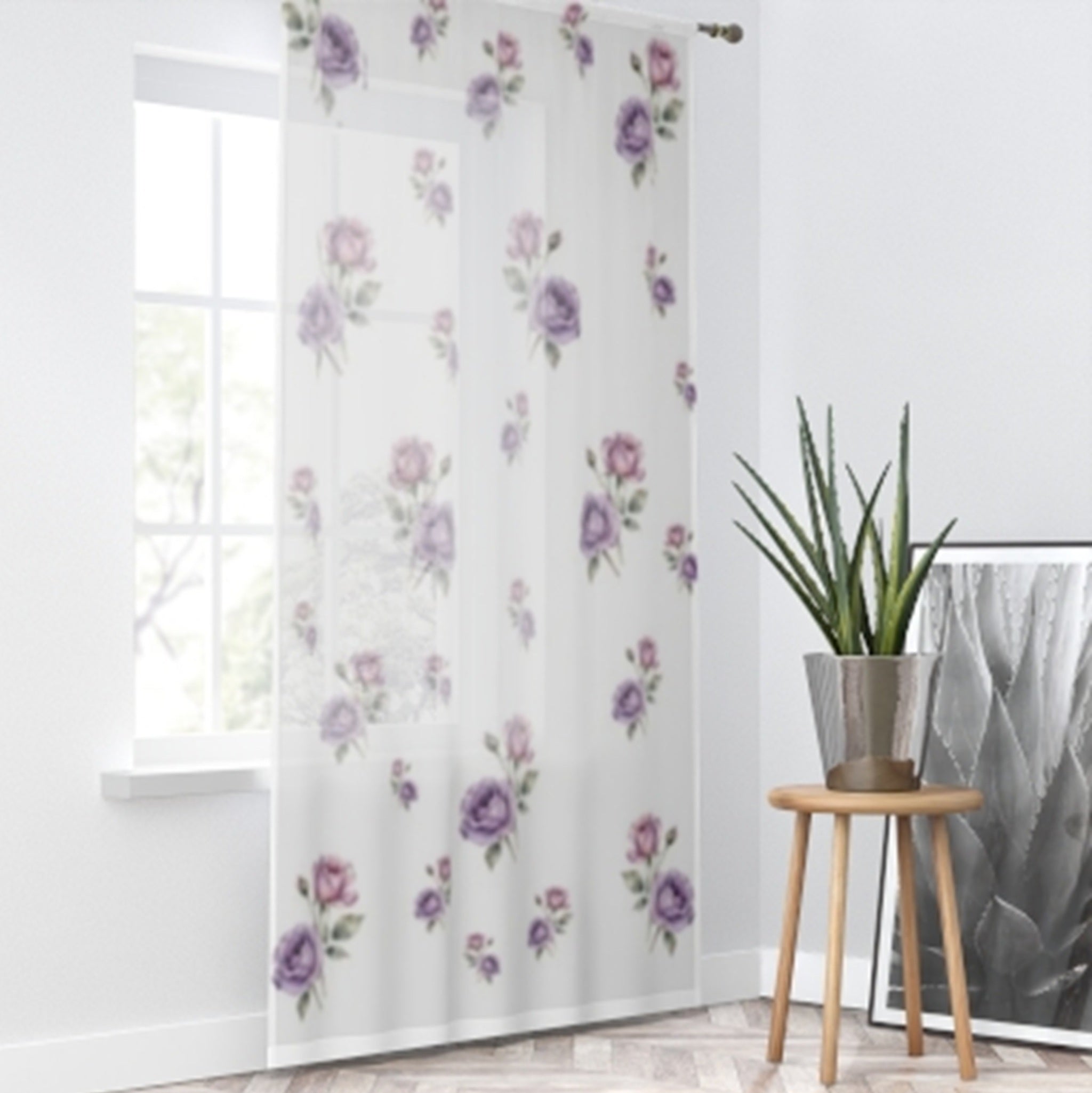 Rideau Floral Romantique – Roses Lavande en voile léger - FlowR